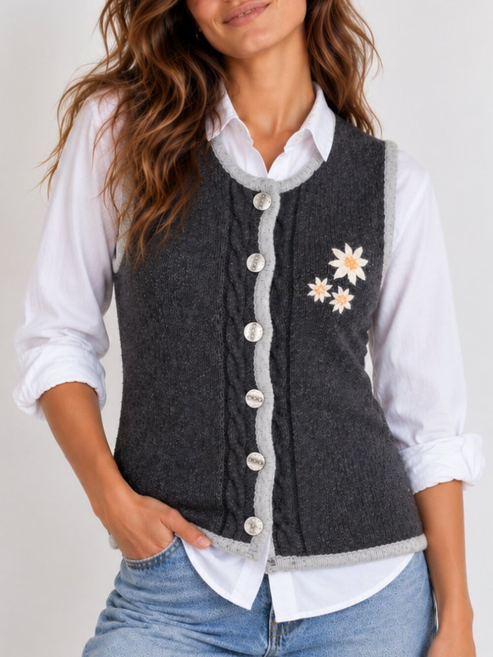 Country Blue Womens Wool Sweater Vest M Gray Cable Knit Edelweiss Floral Button